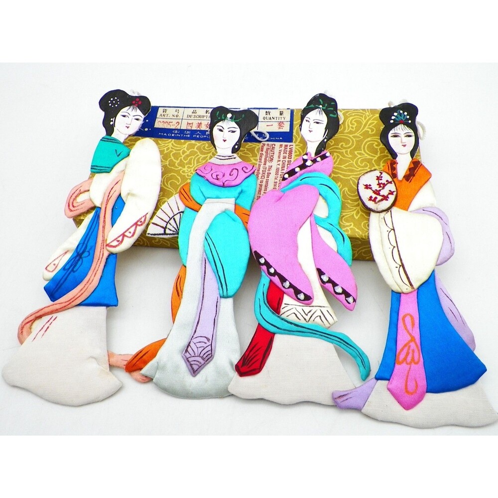 Lillian Vernon Silk Chinese Ladies Ornaments 6” LV 6603 Set of 4 Original Box b